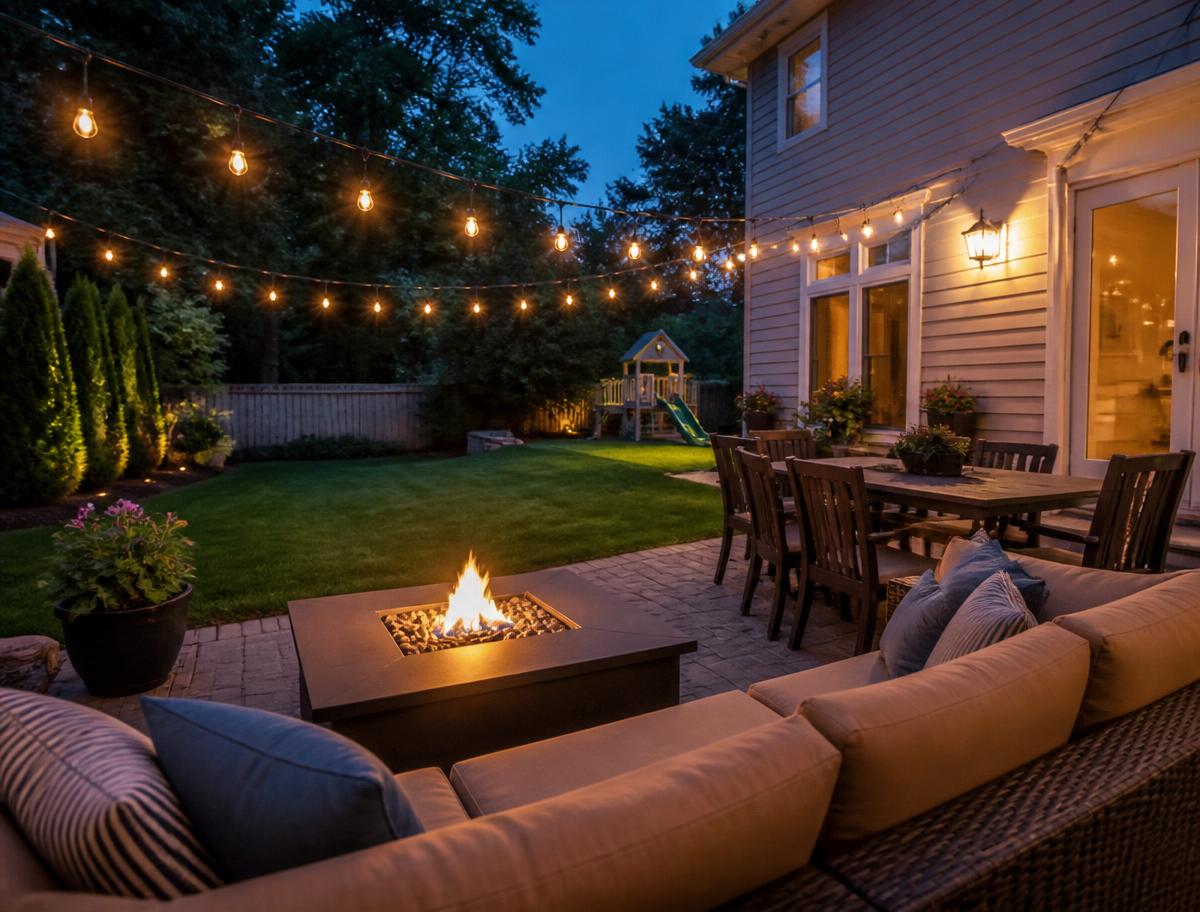 Backyard patio in the evening with string lights at a pest-free Overland Park home