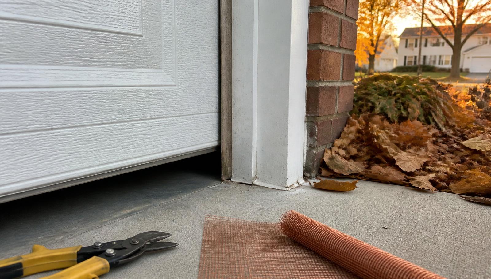 Gap at the bottom corner of a suburban garage door with copper mesh and tools ready for rodent exclusion